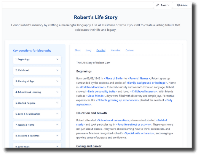 Biography writer interface showing text editing tools