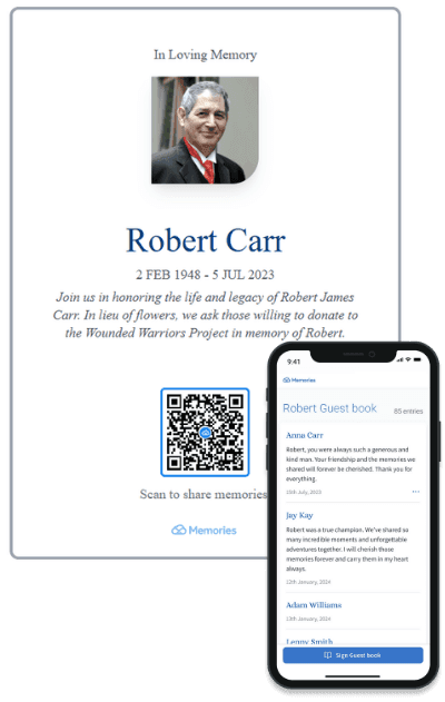 Digital guest book interface showing memory entries