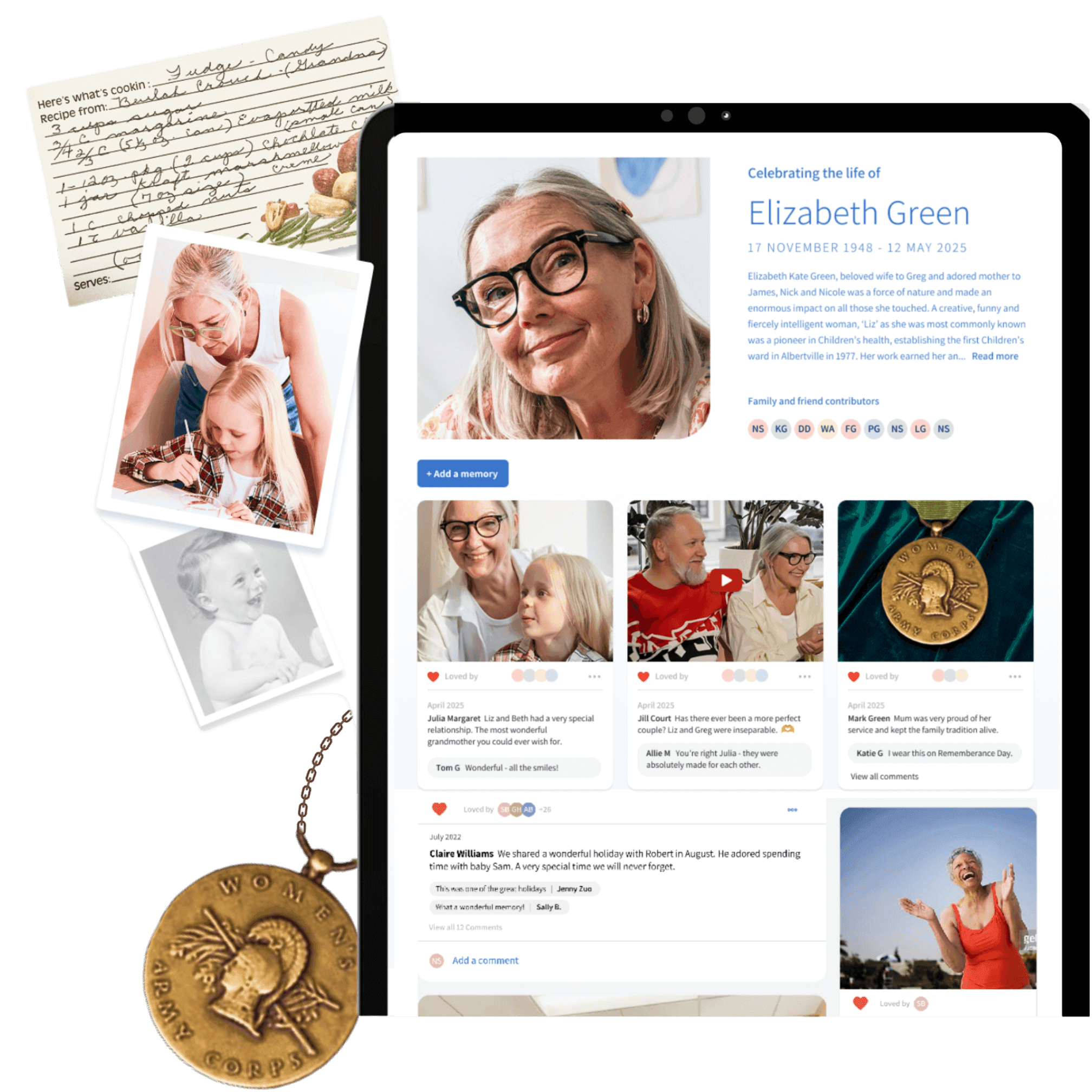 Memories app interface showing Elizabeth Green's memorial